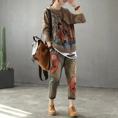 

Autumn Sweaters Women Spring Retro Printed Vintage O-Neck Collar Full Sleeve Loose Stretch Female Explosive Knit Pullovers Tide