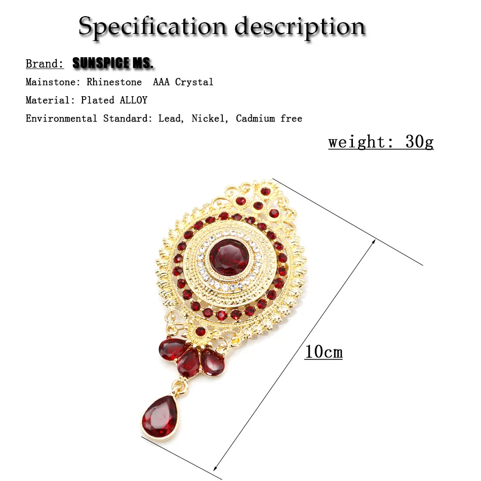 SUNSPICE, MS, золотой, серебряный цвет, корона, брошь на булавке для женщин, марокканский этнический банкет, кафтан, хиджаб, ювелирное изделие, красный, зеленый, белый камень
