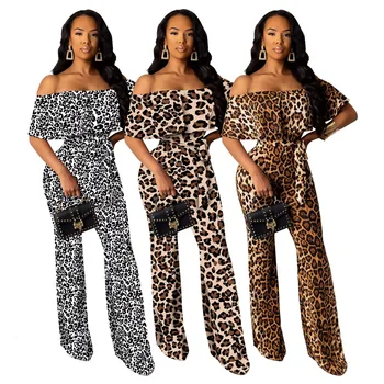 

SZMALL Pop 2020 Leopard Jumpsuits Women Summer Short Sleeve Long Flare Trousers Rompers For Female EU Stylish Lady Playsuits