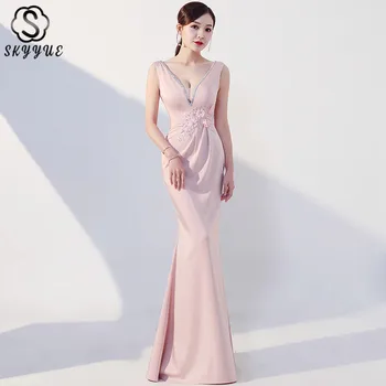

Skyyue Evening Gown Appliques Crystal Women Party Dresses 2019 HH085 Floor Length Formal Dress Elegant Mermaid Robe De Soiree