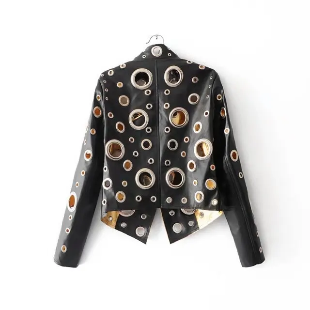 Короткая женская тонкая американская модная куртка из искусственной кожи с вырезами и заклепками, Байкерская байкерская куртка из искусственной кожи