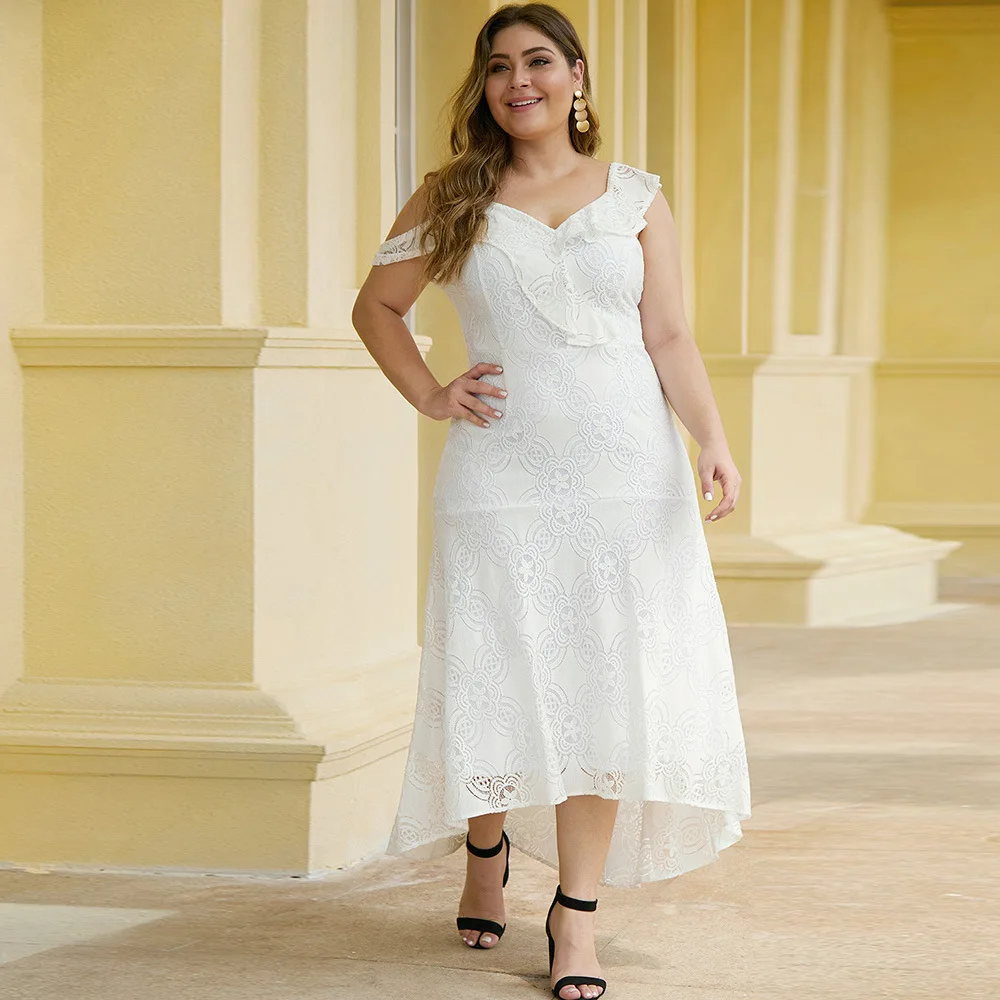 

Summer Plus-sized Europe And America Evening Gown Women's Hollow out Lace Non-symmetrical off-Shoulder V-neck Long Dress 611311