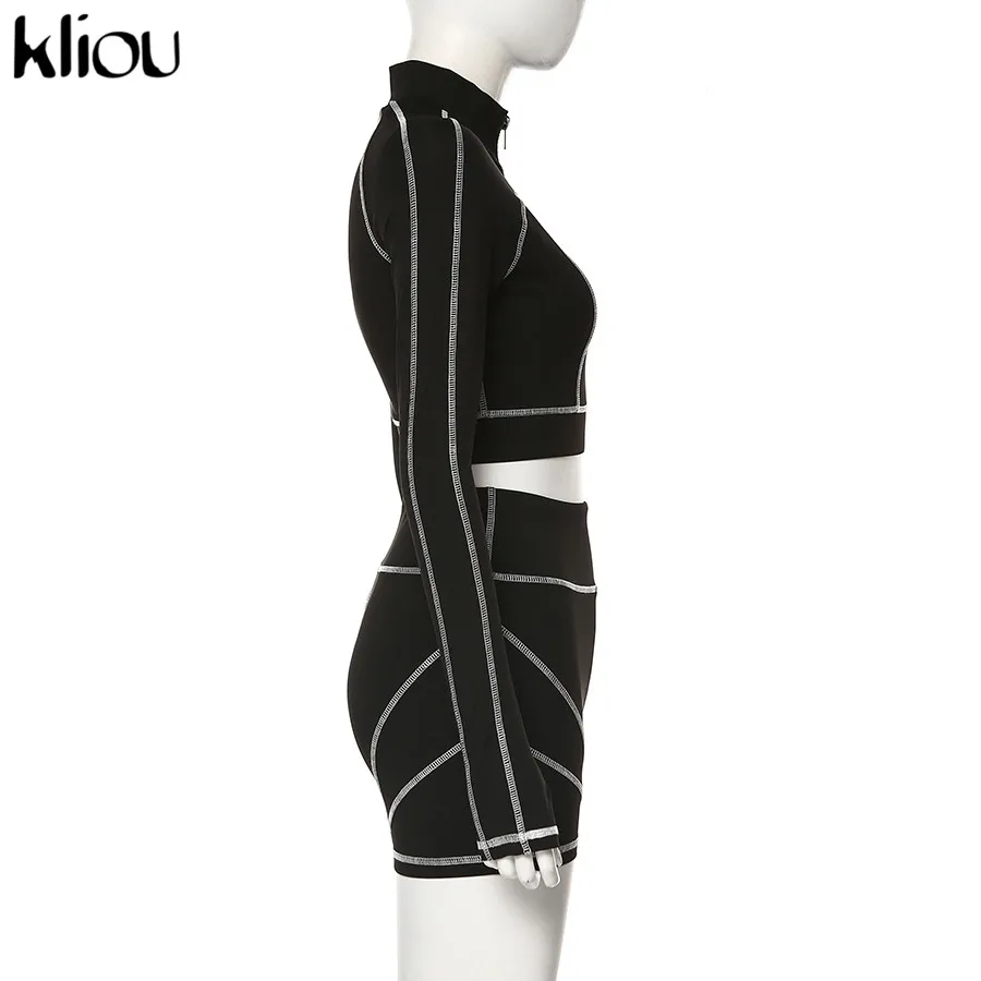 Kliou женский короткий топ с длинным рукавом+ шорты, спортивный костюм, комплект из двух предметов, белые линии, пэчворк, тонкий, для бега, одежда для фитнеса, спортивная одежда