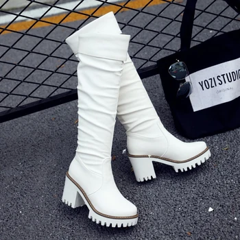 

Busy Girl Spring autumn high heel women's boots with waterproof platform Women's Knee High Boots white black Stretch boots