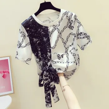 

Blusas Mujer De Moda 2020 Black and White Contrast Print Waist Bow Tied Short-Sleeved Satin Shirt Female Summer Top Ladies Tops