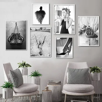 通販 黒、白水泳ガールヴィンテージカメラファッションポスター引用符キャンバスアートプリント北欧壁絵現代のホームインテリア絵画