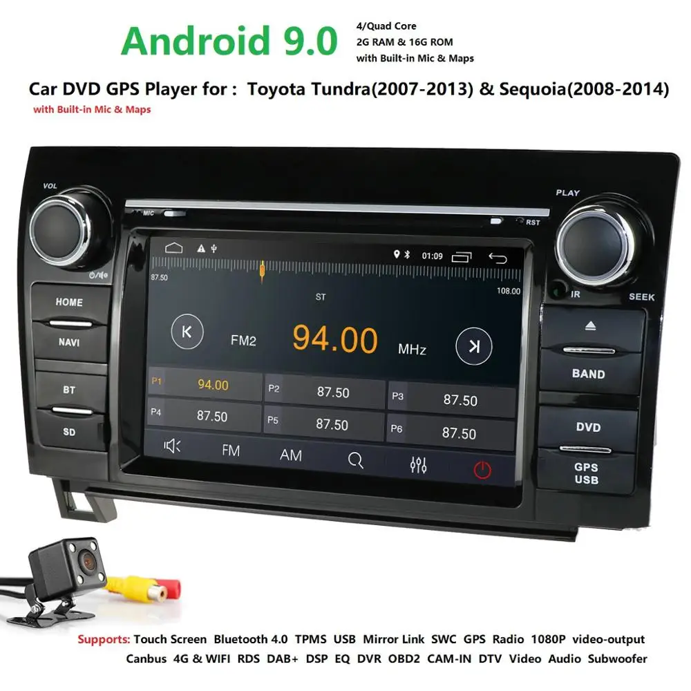 Top 7inch 2 Din Quad Core Android 9.0 voiture DVD GPS forToyota toundra Sequoia 2008-2013 Radio stéréo 4G WiFi OBD DVR DAB + 3