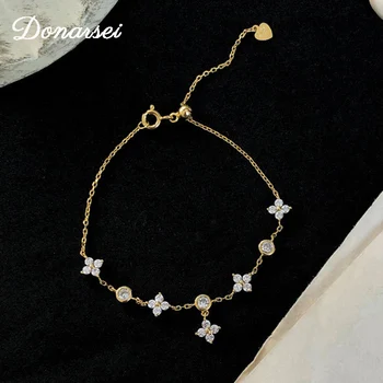 

Donarsei 925 Sterling Silver Korea Sweet Flower Bracelet For Women Charm Cubic Zirconia Adjustable Plant Bracelet Jewelry Gift