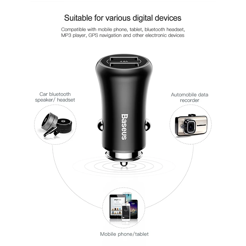 Baseus 4.8A автомобильное зарядное устройство для телефона двойной USB Авто Быстрая зарядка для Xiaomi huawei P30 Pro зарядка автомобиля USB разъем адаптер