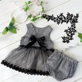 

2020 ins Baby Girls Princess Black Color Bow Plaid Clothes Set Top And PP Pants Wholesale