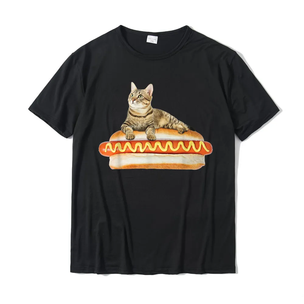Custom Printed On T Shirt for Men 100% Cotton Lovers Day Tops & Tees Simple Style Tees Short Sleeve Discount Round Neck Funny Hot Dog Cat Tshirt by Zany Brainy Cute Kitty Food Tee__19035 black