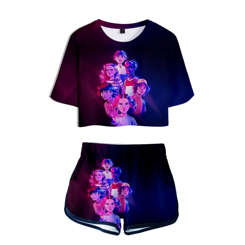 DLF 10-20Y TV Series Strange T Shirt Shorts Clothing Set Kids 3D Print Two Piece Sets Boys Crop Top and Elastic Shorts Sportsuit