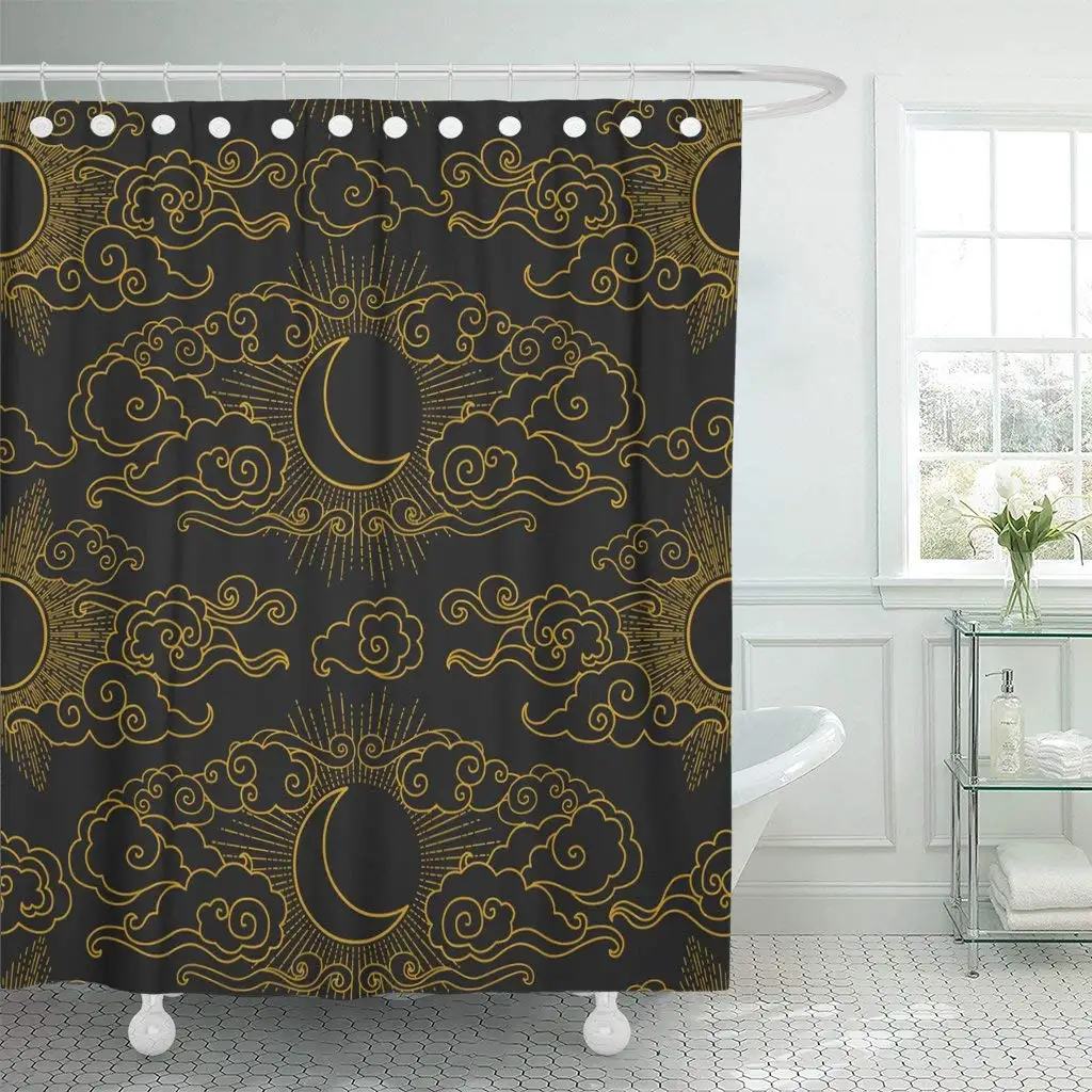 Pattern Sun And Moon In Cloudy Sky Oriental Chinese Shower Curtain Waterproof Polyester Fabric 72 X 72 Inches Set With Hooks
