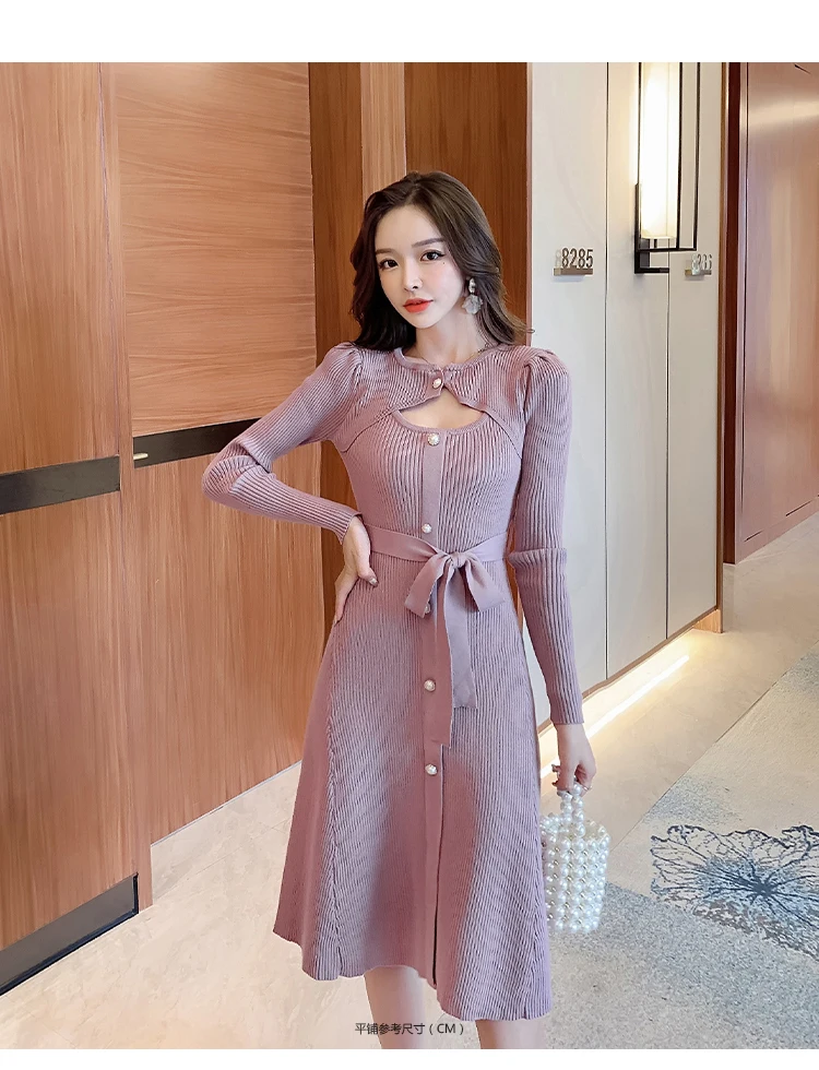 2020 single breasted lace autumn dress Elegant Korean version of women's knitted dress simple stretch work office
