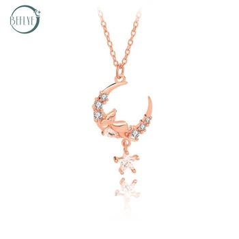 

Beflye S925 Sterling Silver Necklace golden mouse Moon Pendant clavicle chain fashion simple women's wedding party jewelry