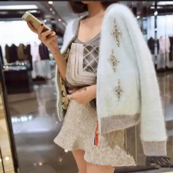 

High Quality Women Sweater Cardigan Long Sleeve Knitwear 2019 Autumn Winter Patchwork Diamond Mosaic Mink Cashmere Outwear