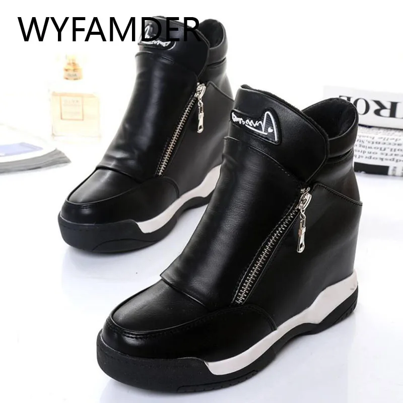 WYFAMDER 2020 Platform Casual Shoes High Top Women Sneakers Spring Fashion Zip Hidden Wedges Black/White Plus Size WN64 | Обувь