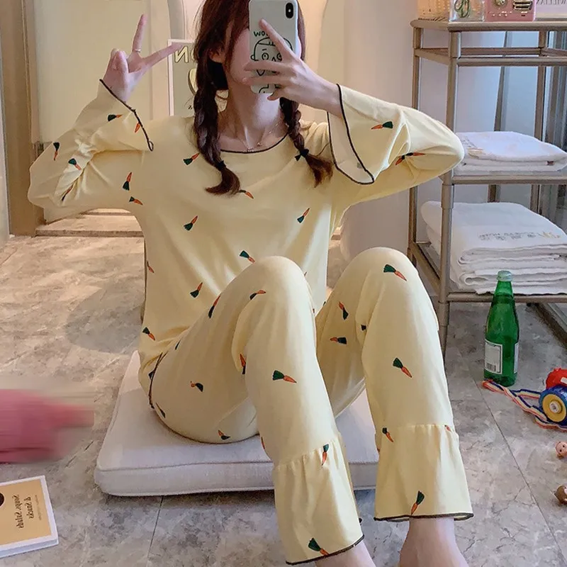 2 шт. Kawaii для женщин пижамы милый морковный принт повседневные топы и штаны Домашняя одежда с длинным рукавом hc