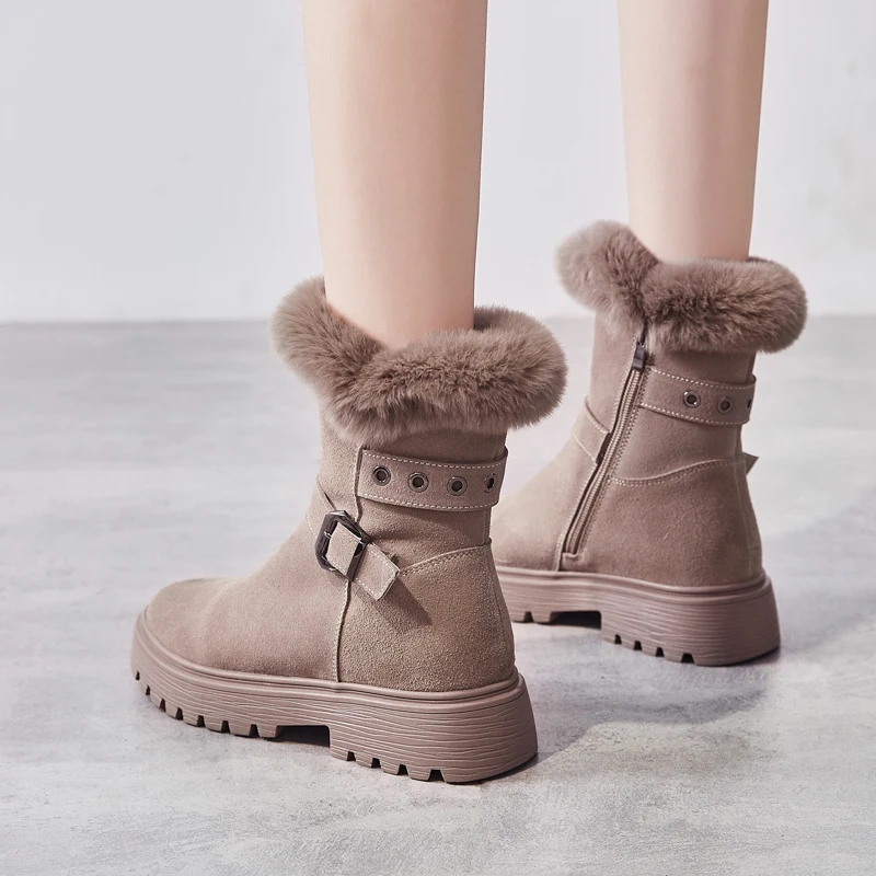 Tide Snow Boots Women's Winter Shoes Warm Soft Thicken Plush Ankle with Buckle Non-slip Sole Side Zipper Black Khaki | Обувь