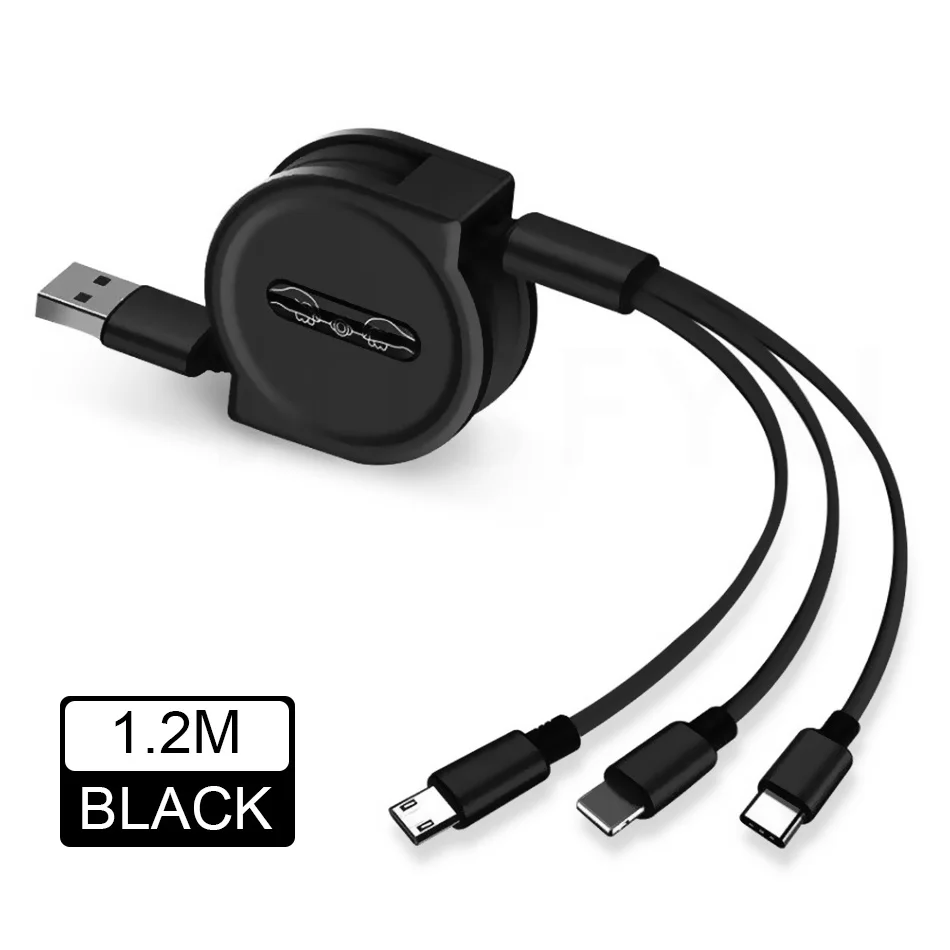 3 в 1 Выдвижной usb-кабель для iPhone 7 8 X 3A быстрое зарядное устройство Micro USB type C кабель для samsung Xiaomi зарядный кабель - Цвет: Черный