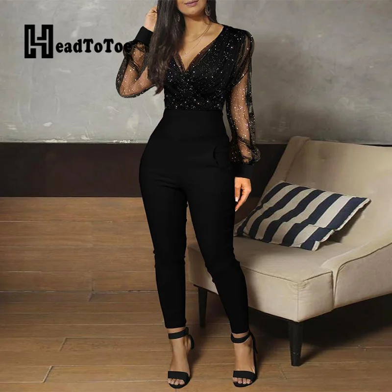 Sheer Mesh Glitter Ruched Wrap Jumpsuit Women Ropmers Long Sleeve V Neck Skinny Fit One Piece Overalls Jumpsuit