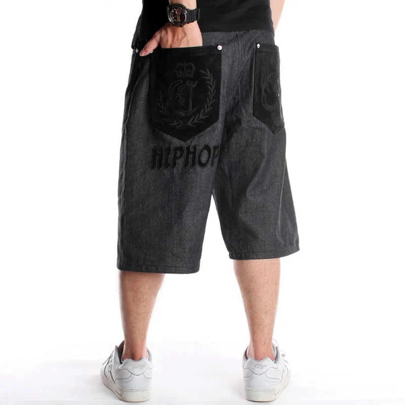 

Summer Wide Leg Hip-Hop Embroidery Loose Jeans Shorts Male Baggy Skateboard Shorts Men Denim Capri Trousers Plus Size 30-46