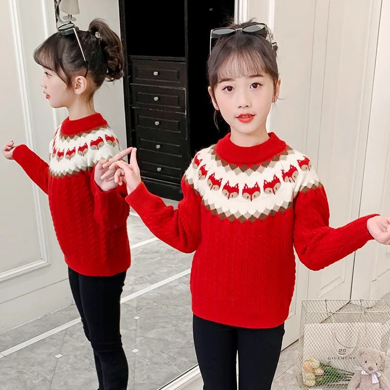 Teenage Girl Pullover Sweater Autumn Winter New Fashion Kids Warm Print