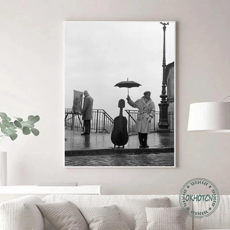 Paraguas músico violín bajo la lluvia, lienzo de pintura blanco y negro, impresiones de fotografía, póster, imágenes artísticas de pared|Pintura y caligrafía| - AliExpress