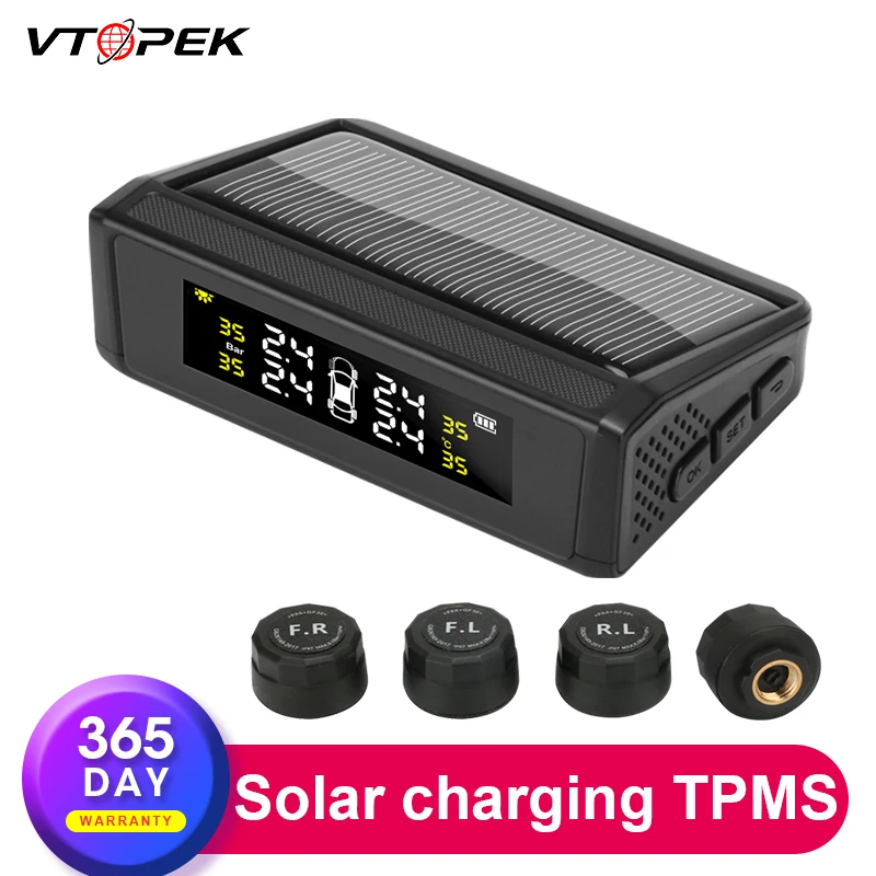 

Vtopek Solar TPMS Car Tire Pressure Monitoring Systems PressureTester Security Alarm bar psi 4 sensors External Internal