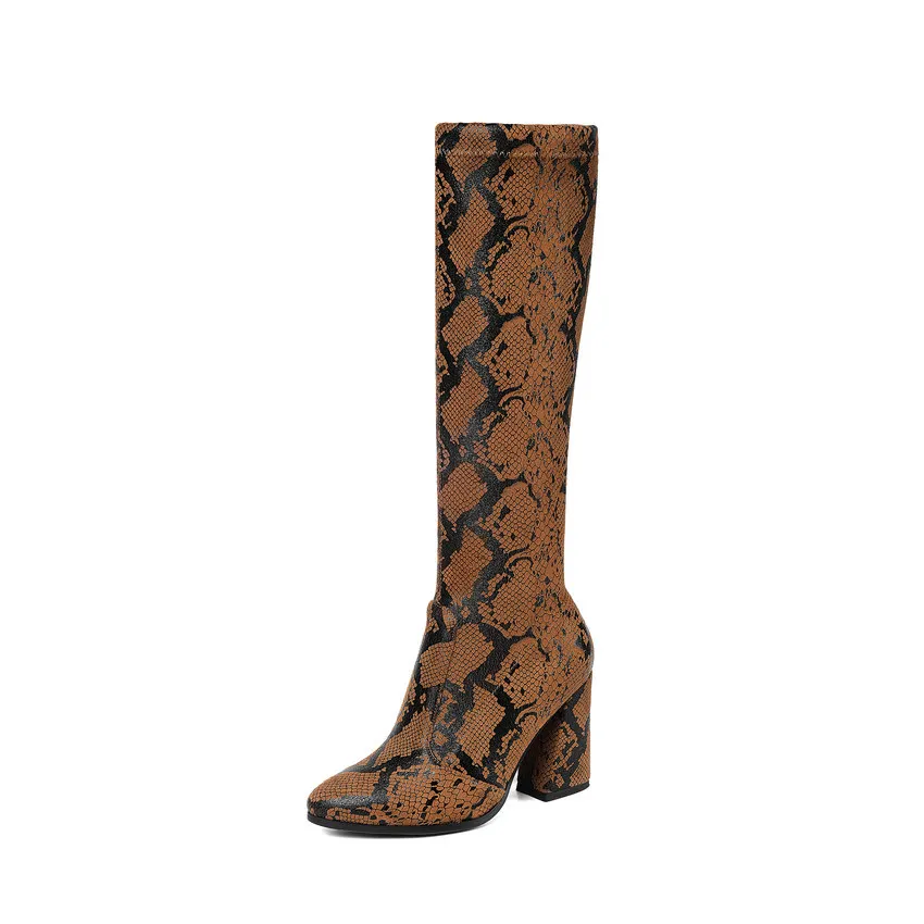 ENMAYER Slip-On Stretch Fabric Knee High Boots Women Shoes Csaual Hoof Heels Basic PU Winter Boots Women Size 34-43