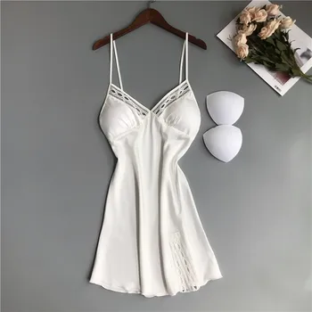

Fiklyc Sexy Small Chest Gathered Nightdress With Chest Pad Female Spring Sexy Hollow Ice Silk Thin Spring And Summer Suspender