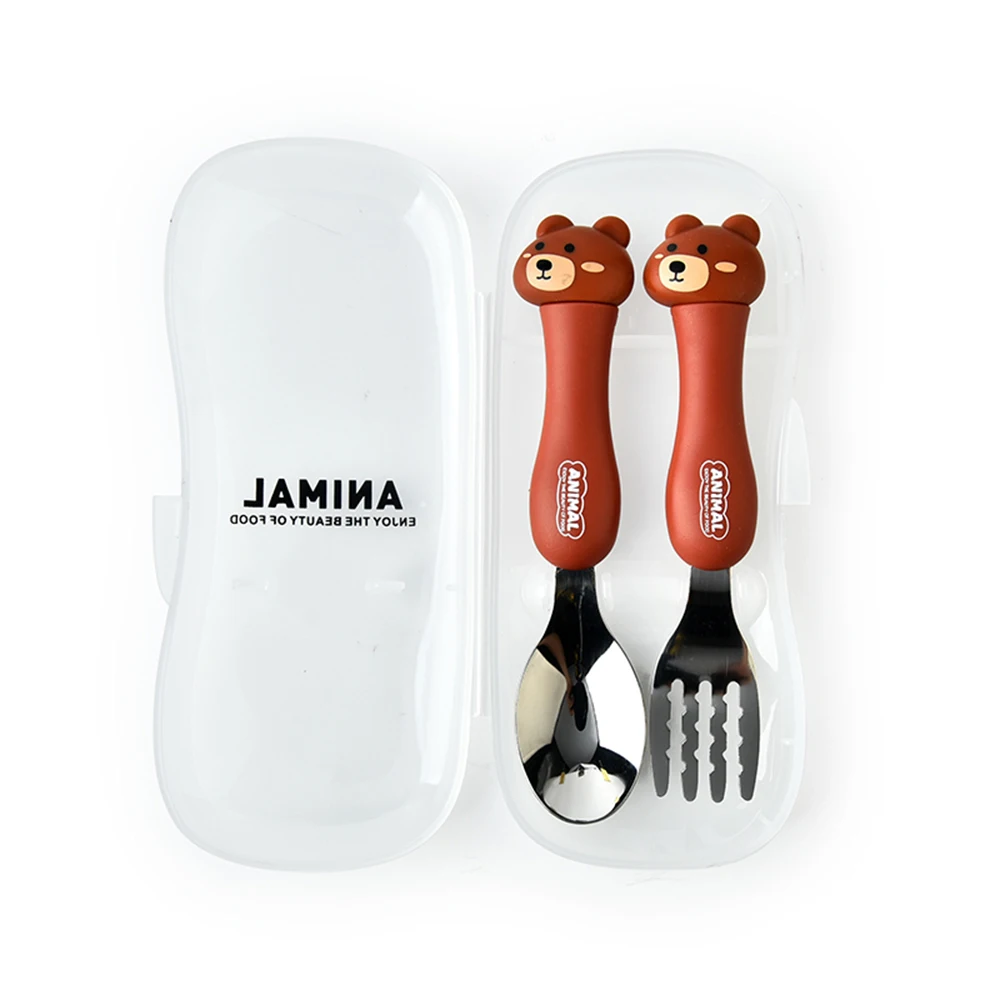 2Pcs Kids Silverware Cute Spoon Fork Travel Carry Set Children Portable Tableware Toddler Utensils Spoon Fork with Travel Case