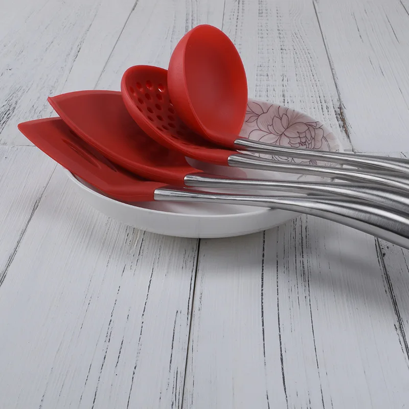 wholesale 304 stainless steel hollow handle silicone non-stick spatula spoon scoop hedge leak shovel kitchenware set of four