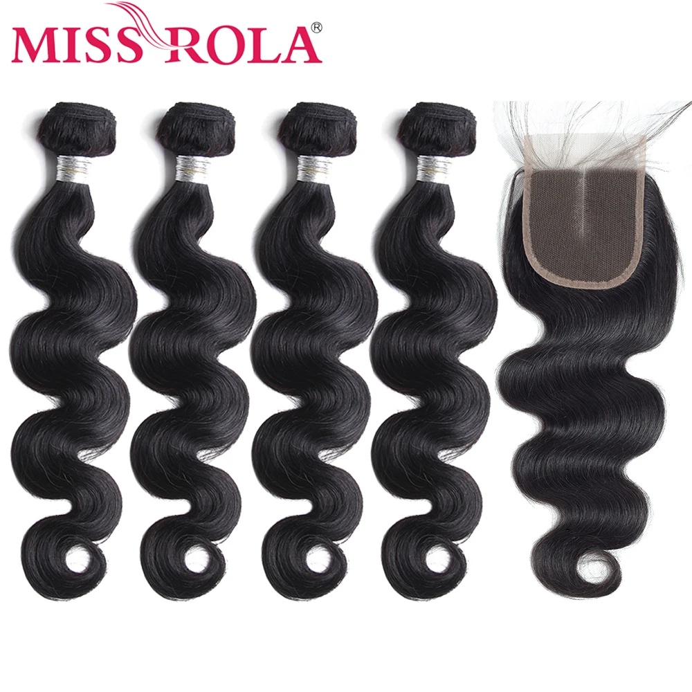 

Miss Rola Hair Brazilian Body Wave 4 Bundles With Closure Natural Color Hair 8-26 Inches Non-Remy 100% Human Hair Extensions