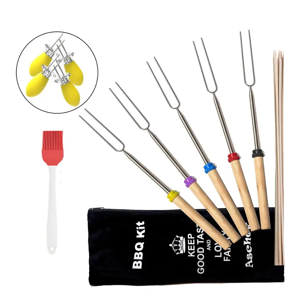

Telescopic Roasting Sticks Extendable Forks Set of 10 Pcs Telescoping Skewers come with Corn Holders Brush for BBQ 32 Inch