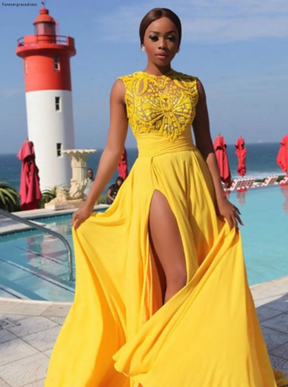 2017 Yellow Chiffon Prom Dresses High Split Sexy Summer Evening Gowns Arabic Sheer Jewel Neck Party Gowns Formal BA1858  118 (1)
