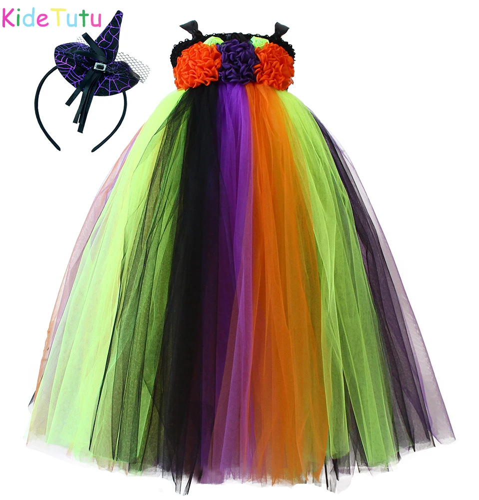 

Halloween Kid Witch Cosplay Costume Black Purple Orange Ankle Length Girls Tutu Dress Children Birthday Holiday Carnival Clothes