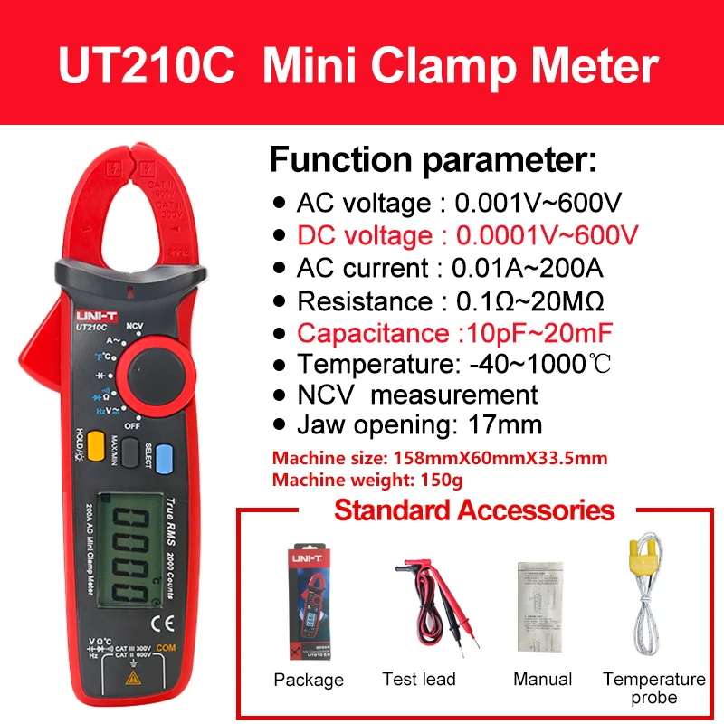 force gauge UNI-T Clamp Meter UT210 Series AC Current Mini Clamp Multimeter Digital True RMS Pliers Ammeter Auto Range soil ph tester Measurement & Analysis Tools