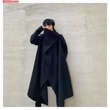 Прямая поставка, Удлиненные Пальто с высоким воротником, японский дизайн, однотонный плащ, мужские свободные топы, зимний винтажный уплотненный Тренч