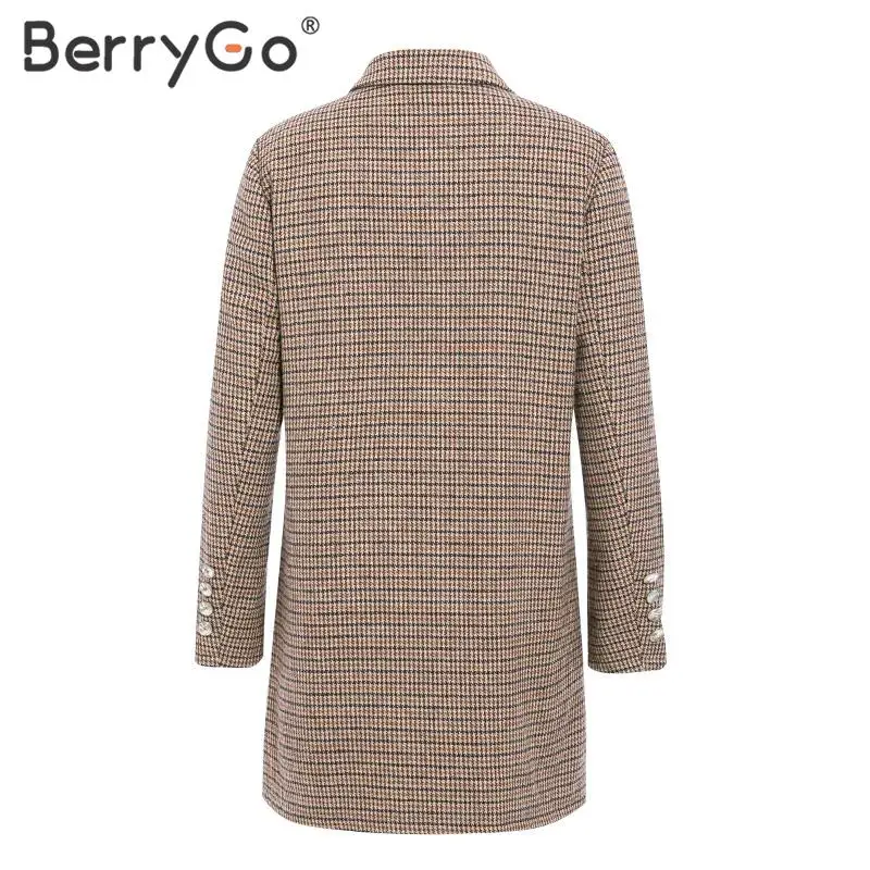 BerryGo, винтажные клетчатые пиджаки, женские, элегантные, для офиса, для девушек, Осень-зима, куртки с длинным рукавом, пуговицы, карманы, Женский блейзер, пальто