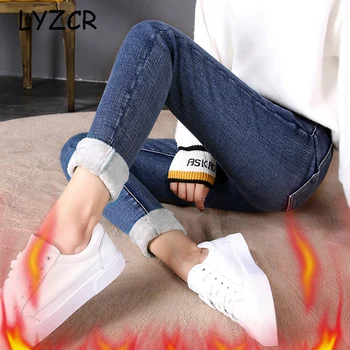 

LYZCR Winter Warm Jeans Woman Thicken Skinny Women's Fleece Jeans With High Waist Black Velvet Jean Women Winter Pencil Pants