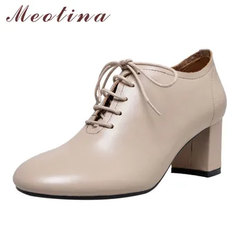 

Meotina High Heels Women Shoes Natural Genuine Leather Thick High Heel Shoes Cow Leather Round Toe Pumps Lady Autumn Size 34-39