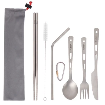 

Lightweight Portable Pure Titanium 5 Pieces Tableware Sets Spoon Fork Knife Chopsticks and Straw Set In One Case