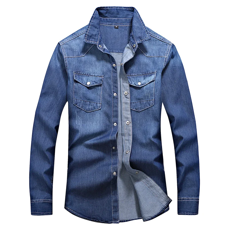 Spring Autumn Leisure time Men Denim Thin Shirt Long Sleeve Soft Two Pockets Slim Slight Jeans Cowboy