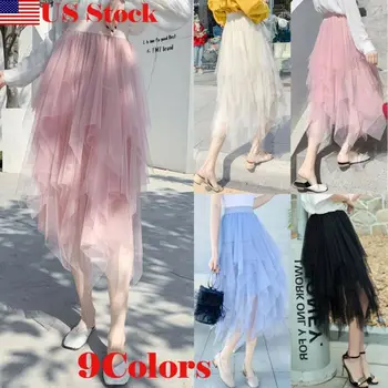 

Fashiob Women Skirt Beautiful Ladies Mesh Irregular Tulle Skirt Elastic High Waist Layers Pleated Maxi Long Elegent Girl Skirt