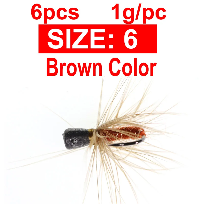 6PCS Size6 Brown Bimoo 6 шт./лот#6-#12 ледяная приманка для ловли нахлыстом для зимы Panfish большие голубики и форель быстро тонущие Багги черви джиггинг муха - Цвет: 6PCS Size6 Brown