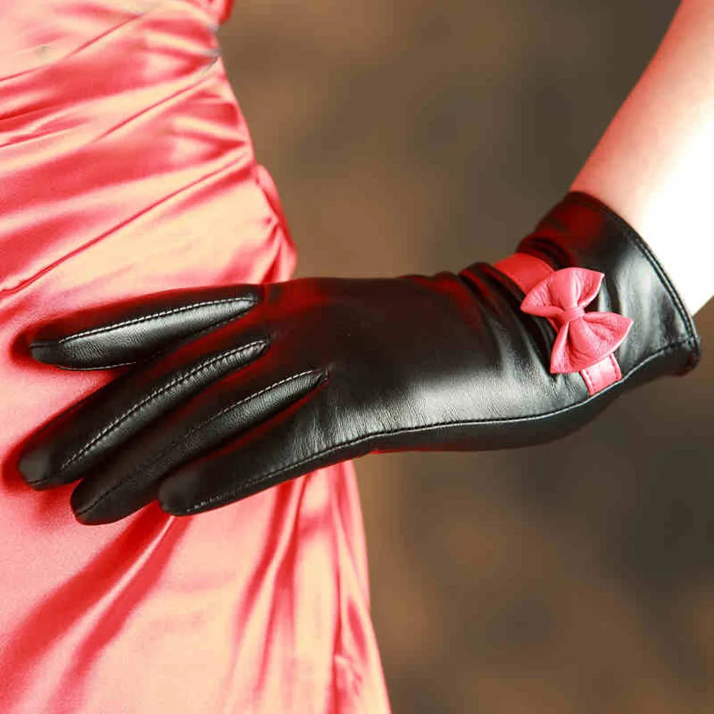 

KLSS Brand Genuine Leather Women Gloves Winter Plus Velvet High Quality Goatskin Red Bowknot Lady Sheepskin Glove 130252