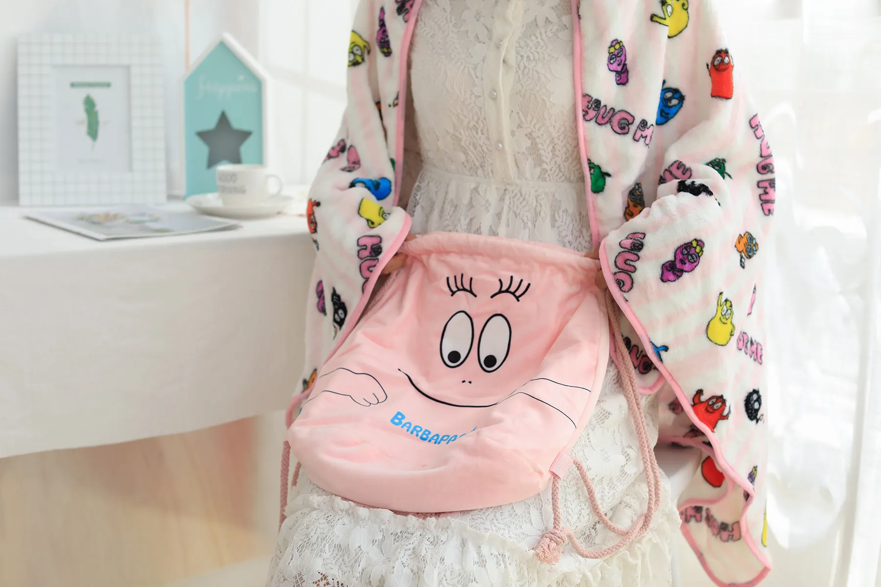 Barbapapa мультфильм рисунок рюкзаки розовый прекрасный чистый хлопок тонкий холщовый рюкзак дорожный рюкзак для девочки одеяло для рюкзака