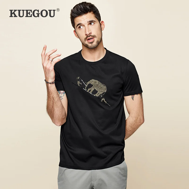 Мужская футболка с короткими рукавами KUEGOU черная хлопковая Футболка лоскутным