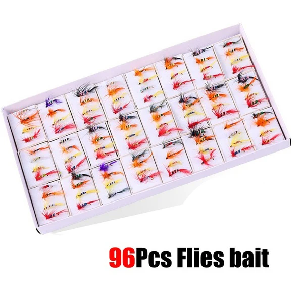 96Pcs/Set Fly Fishing Lure Kit Artificial Insect Bait Trout Fly Fishing Hooks Tackle with Case Box THJ99 - Цвет: As Show